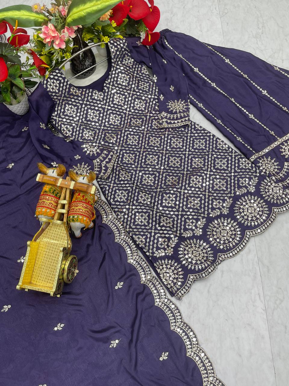 Designer Party Wear Chinon Kurti Palazzo Set with Embroidery Sequence Work- Fully Stitched