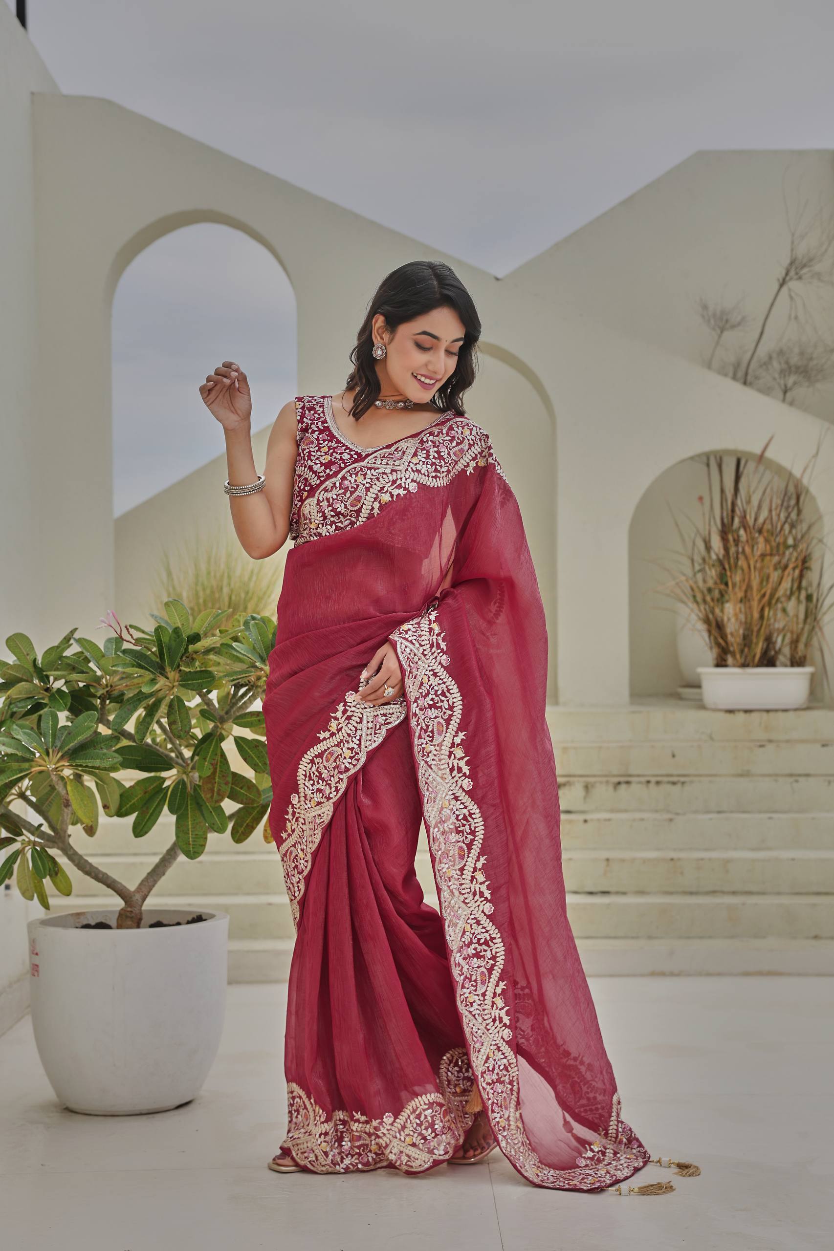 Festival Wedding Saree in Silver Crunchy Fabric with Heavy Thread and Sequence Embroidery Work