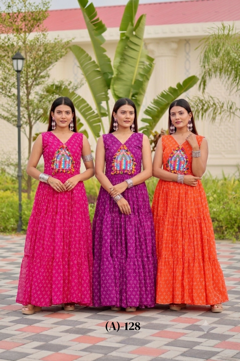 Navratri Special Faux Georgette Gown with Embroidery Thread Work and Real Mirror - Fully Stitched