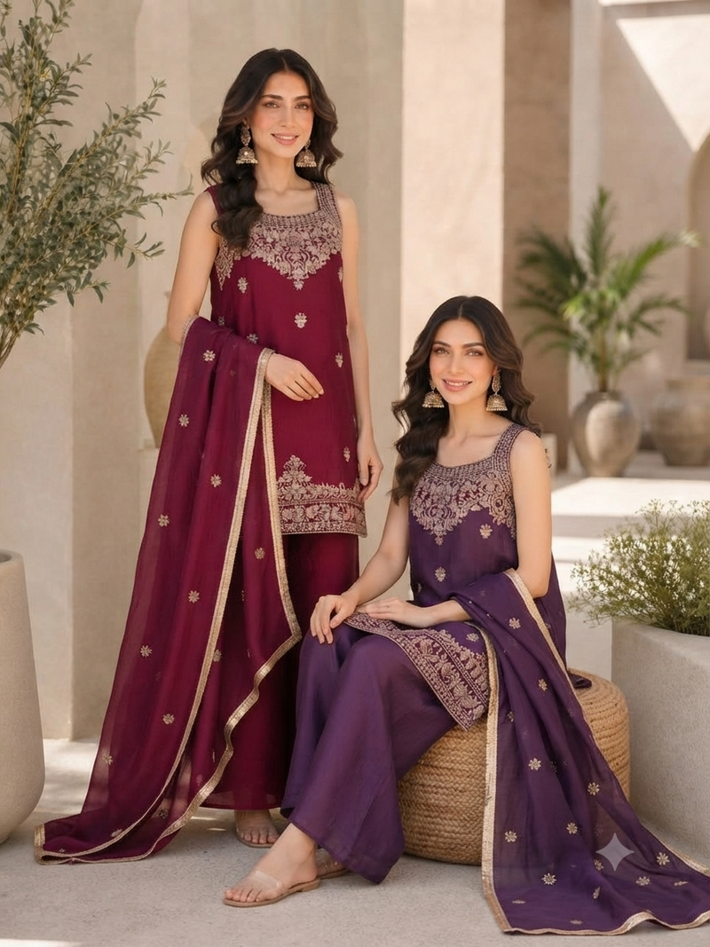Designer Festival Special Kurti Set for Women | Premium Rangoli Crush Embroidered Kurti with Palazzo & Heavy Embroidered Dupatta | Party, Wedding & Festive Wear (L)-R-007