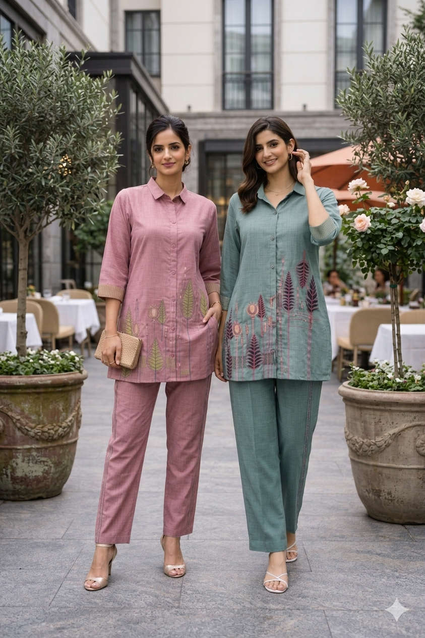Women's Poly Linen Cotton Embroidered Co-Ord Set with Shirt Collar Top and Pant - Fully Stitched