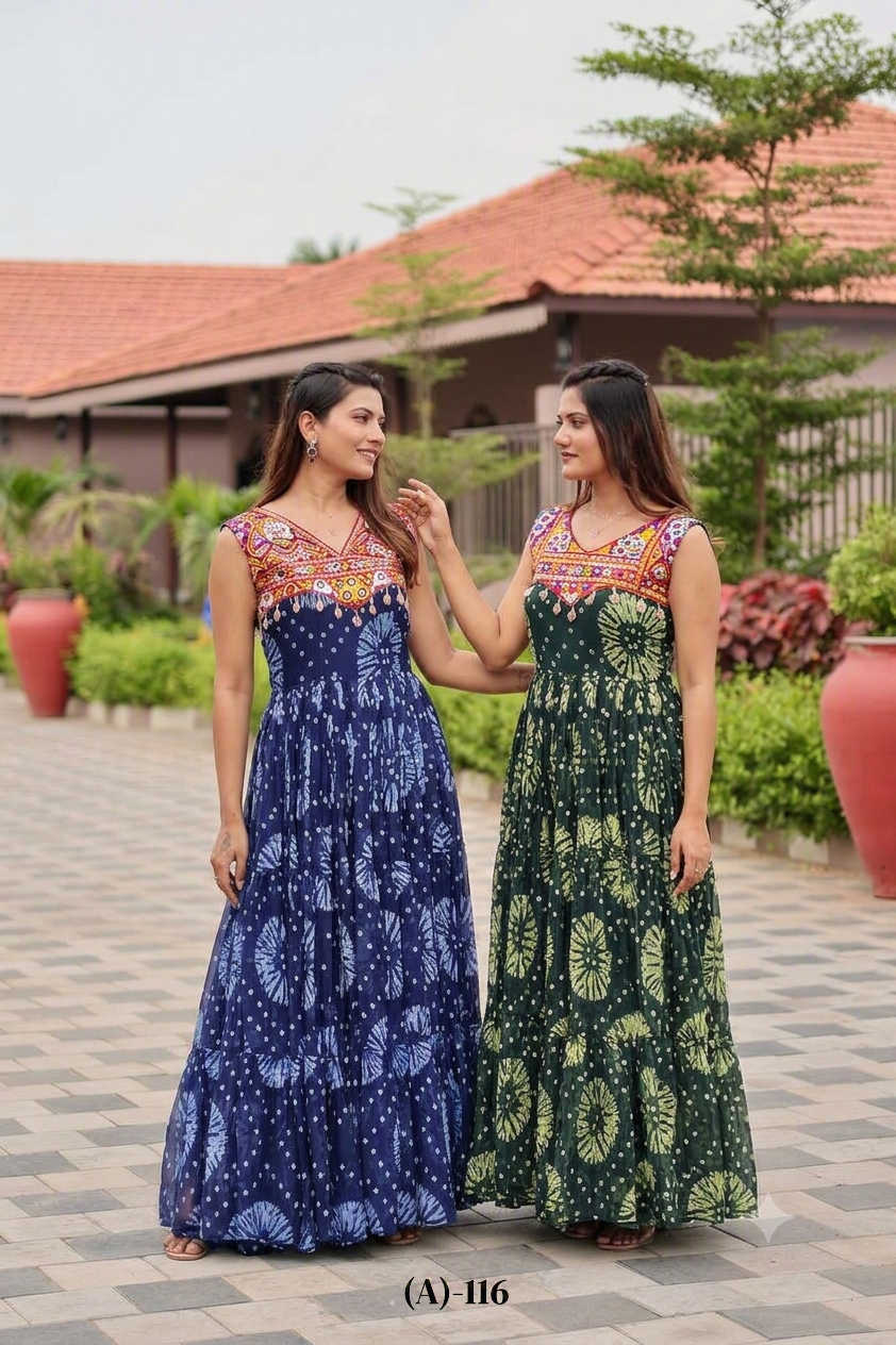 Navratri Special Faux Georgette Gamathi Work Gown with Real Mirror and Original Kodi Lace - Fully Stitched