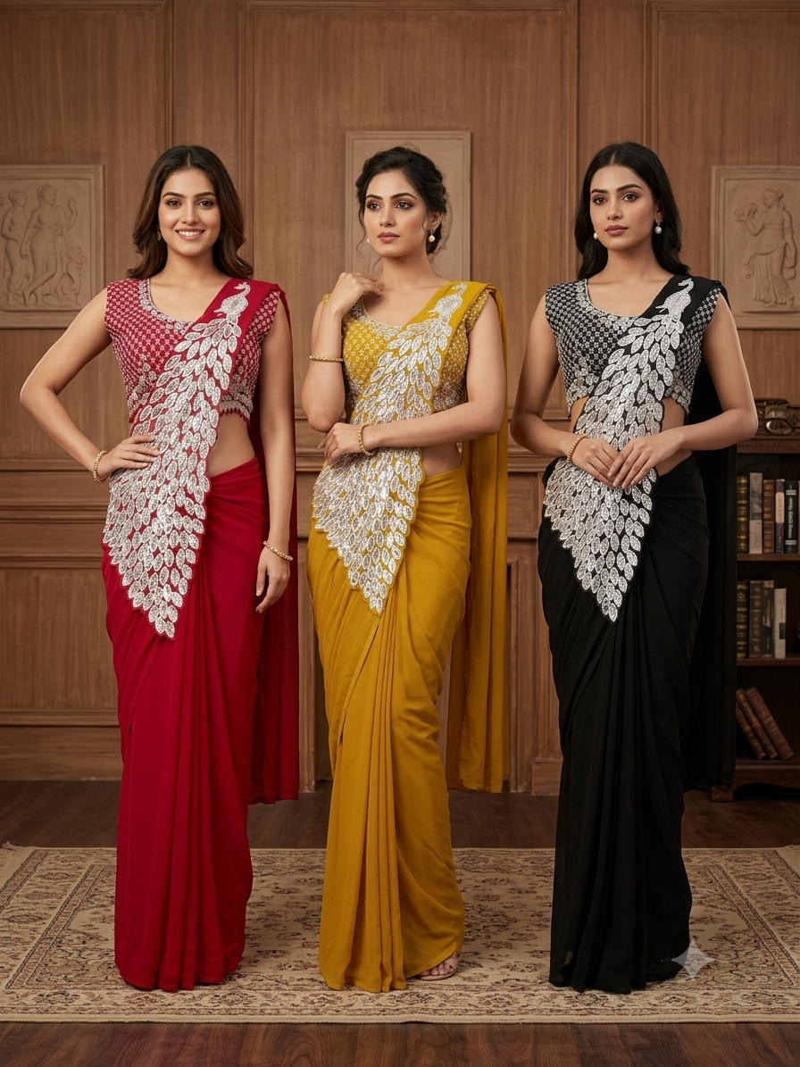 Superhit Trending Faux Georgette Ready to Wear Saree with Fully Embroidered Stylish Blouse - Fully Stitched