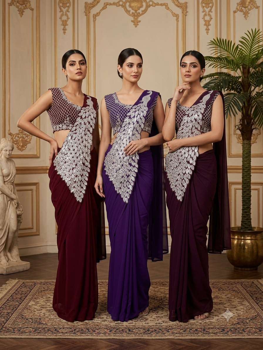 Superhit Trending Faux Georgette Ready to Wear Saree with Fully Embroidered Stylish Blouse - Fully Stitched