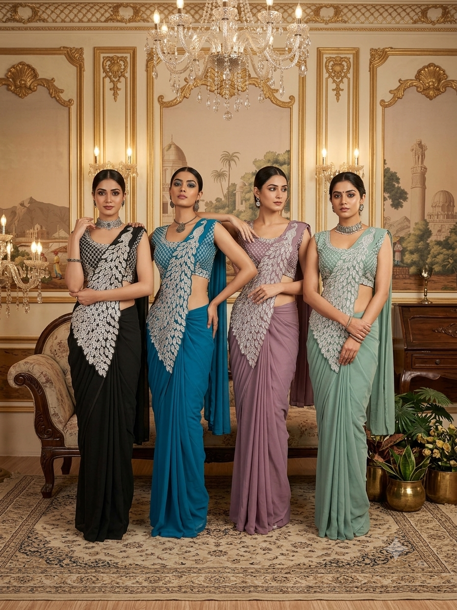 Superhit Trending Faux Georgette Ready to Wear Saree with Fully Embroidered Stylish Blouse - Fully Stitched