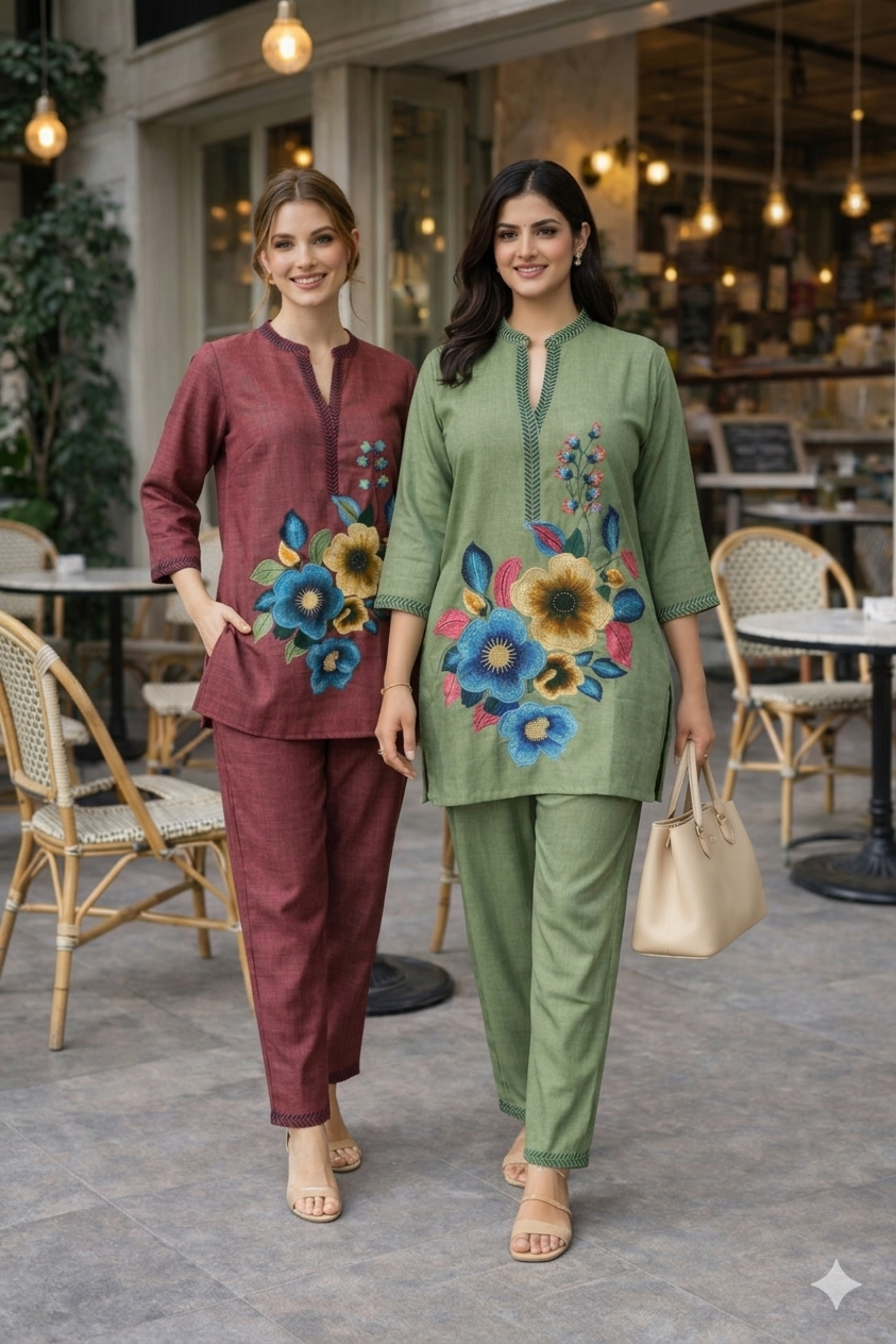 Women's Poly Linen Cotton Embroidered Co-Ord Set with Collar Neck Top and Pant - Fully Stitched