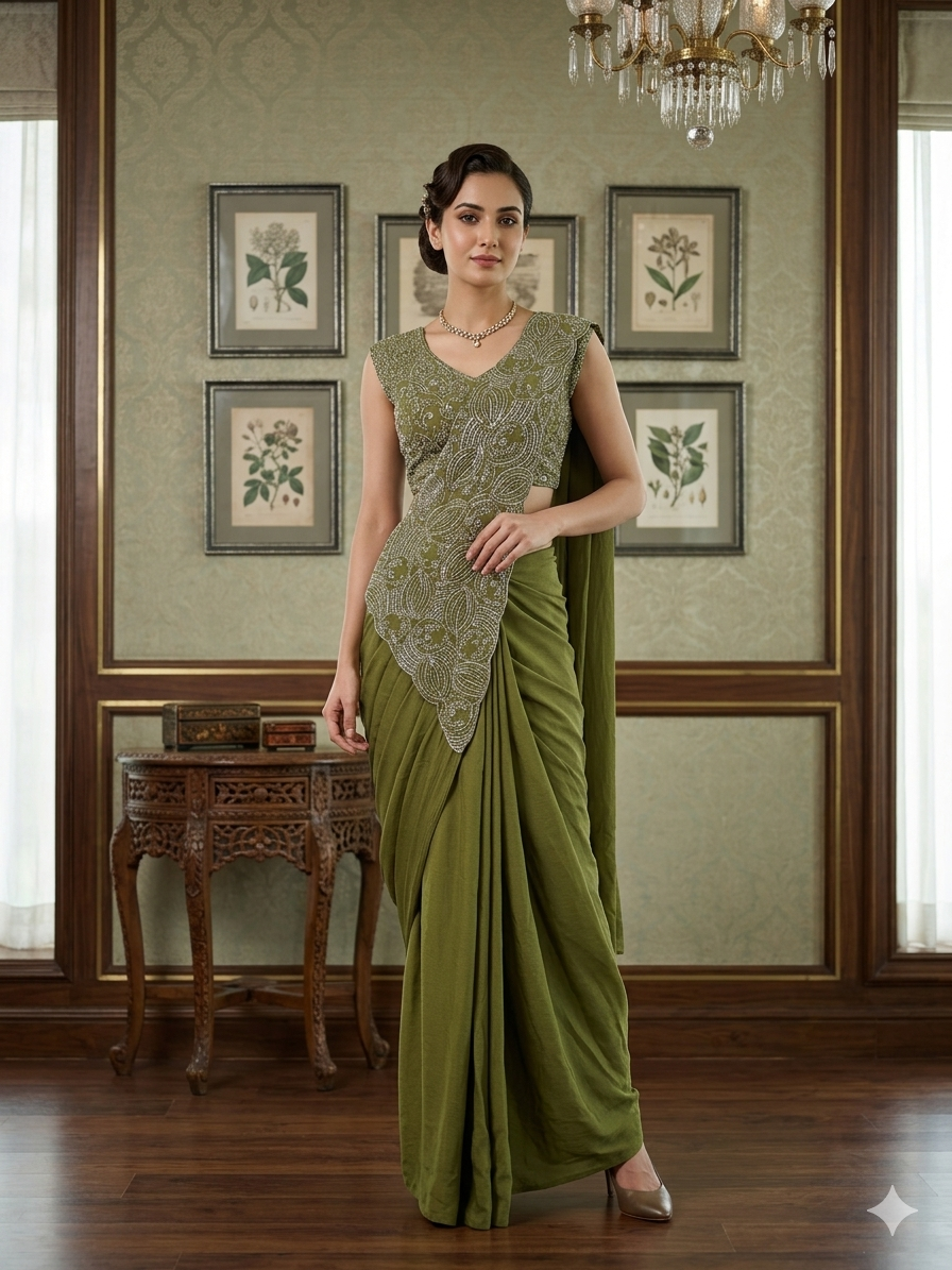Premium Chinon Ready-to-Wear Saree for Women | Fully Embroidered Designer Blouse | Thread & Semi Beads Work | Wedding, Party & Festive Wear Collection (D)1181