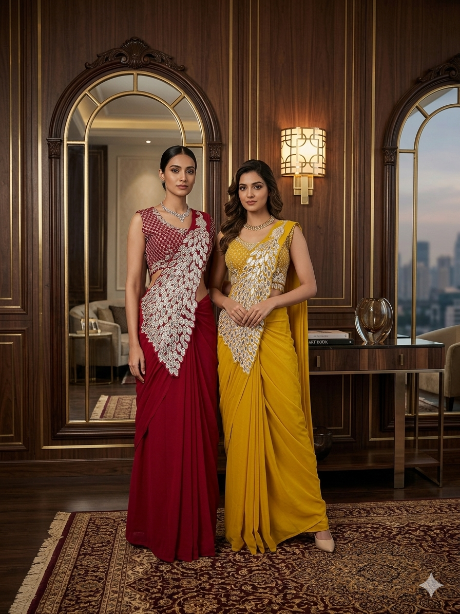 Premium Faux Georgette Ready-to-Wear Saree for Women | Fully Embroidered Designer Blouse | Thread & Sequins Work | Wedding, Party & Festive Wear Collection (D)1165