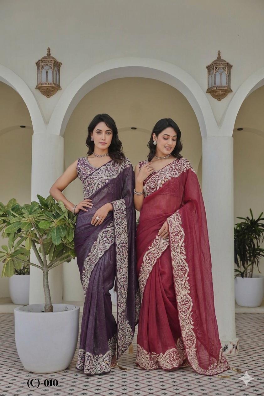 Festival Wedding Saree in Silver Crunchy Fabric with Heavy Thread and Sequence Embroidery Work