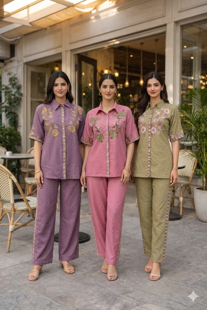 Women's Cotton Embroidered Co-Ord Set with Shirt Collar Top and Pant - Fully Stitched