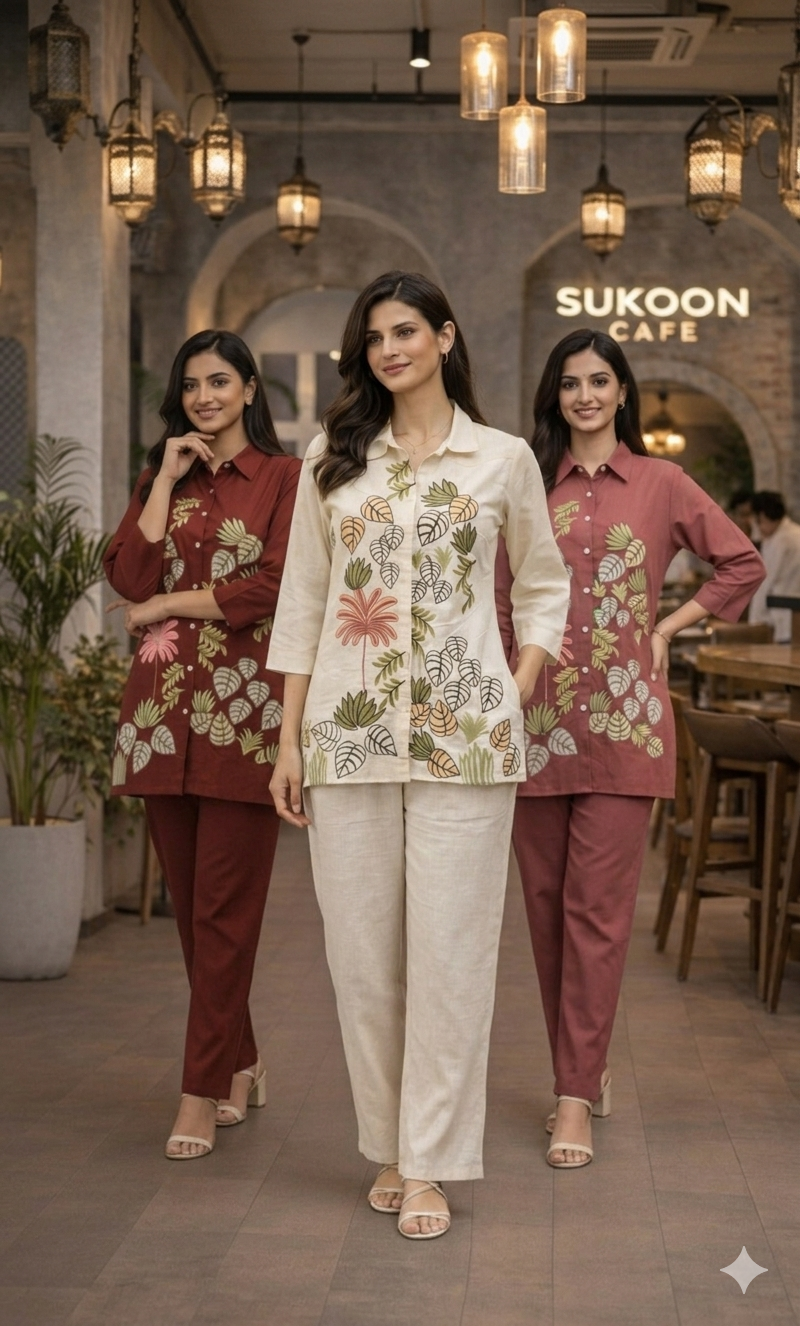 Women's Cotton Embroidered Co-Ord Set with Shirt Collar Top and Pant - Fully Stitched