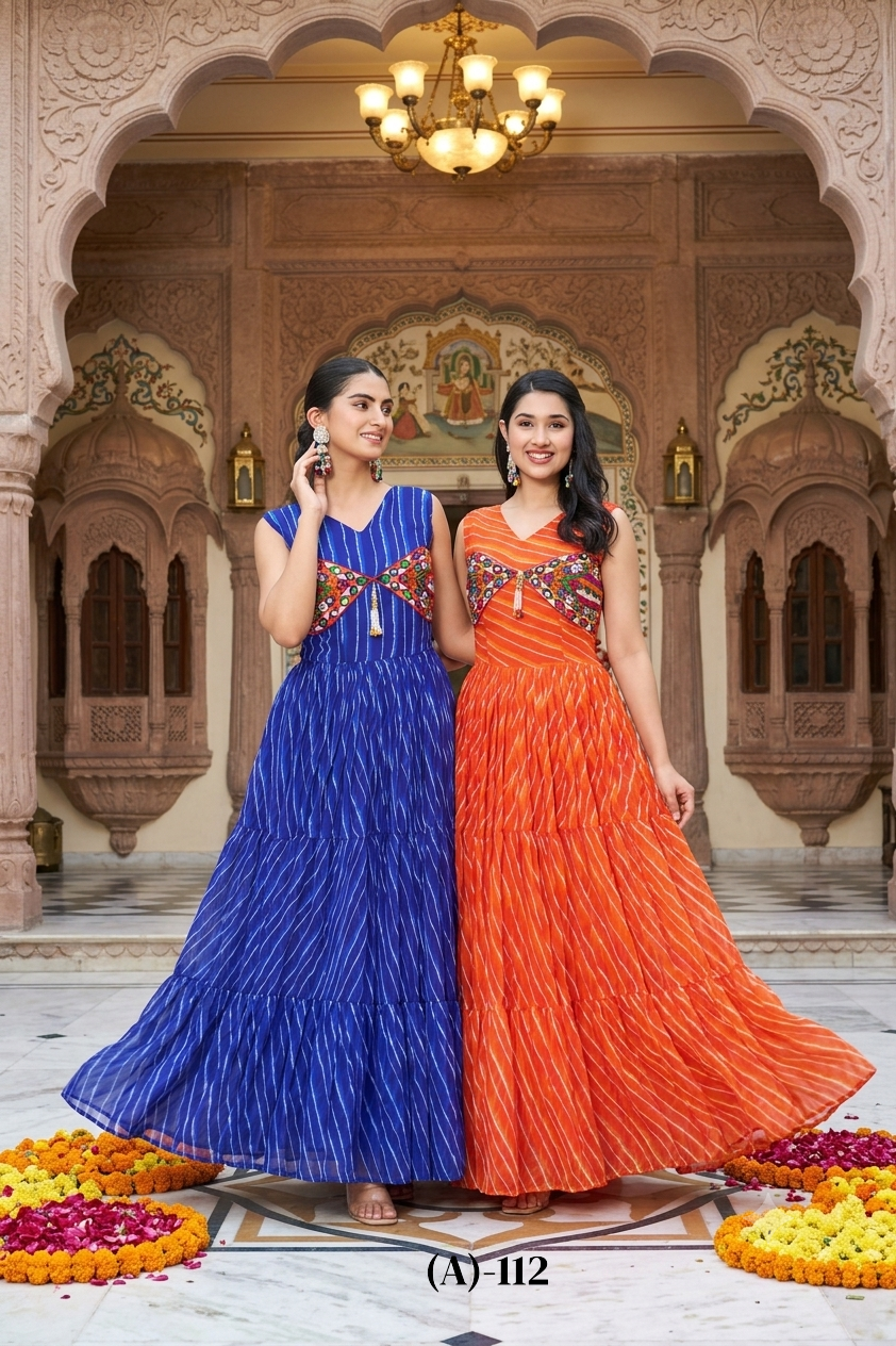 Navratri Special Bandhani Print Georgette Gown with Gamathi Work and Real Mirror - Fully Stitched