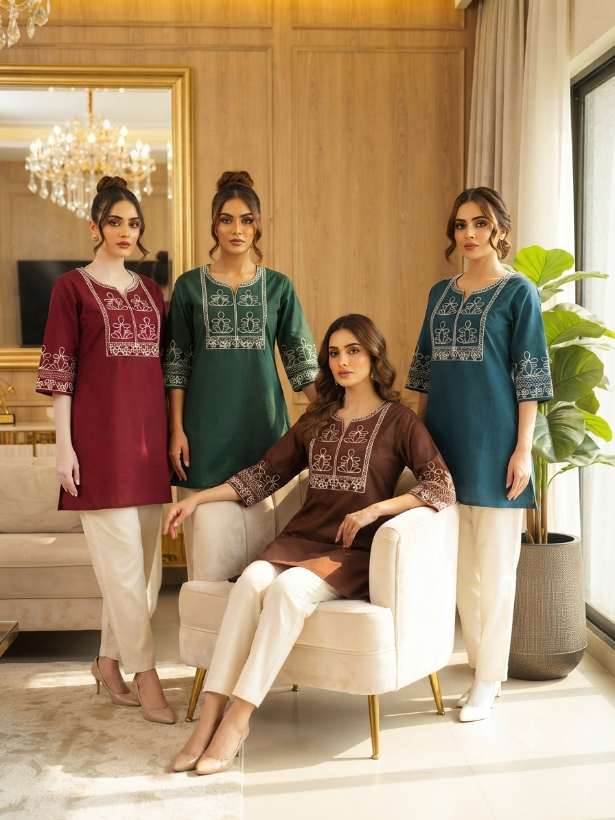 Premium Salab Cotton Kurti Co-Ord Set for Women | Elegant Short Kurti with Pant | Soft & Comfortable | Daily, Office & Casual Wear (L)C-03