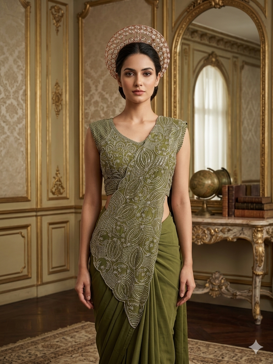Premium Chinon Ready-to-Wear Saree for Women | Fully Embroidered Designer Blouse | Thread & Semi Beads Work | Wedding, Party & Festive Wear Collection (D)1181
