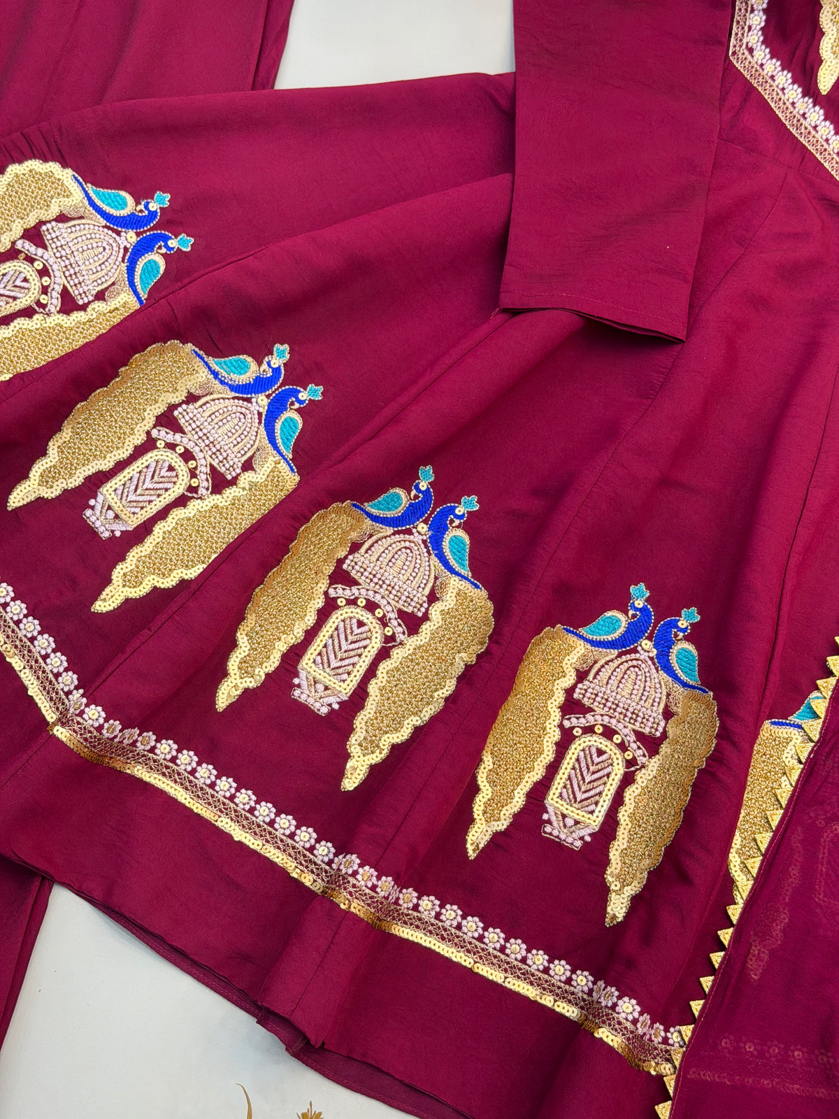 Designer Anarkali 3-Piece Set | Roman Silk | Embroidery & Sequence Work | Full Sleeves | Palazzo & Dupatta | Fully Stitched Ethnic Wear HE(AD)-916
