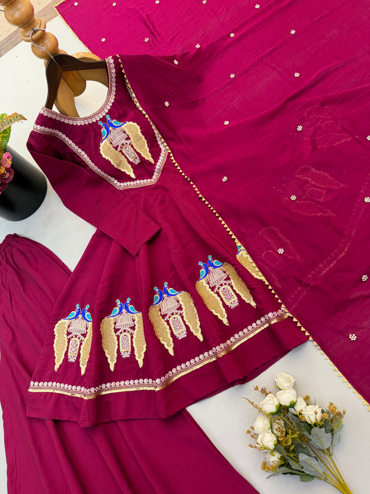 Designer Anarkali 3-Piece Set | Roman Silk | Embroidery & Sequence Work | Full Sleeves | Palazzo & Dupatta | Fully Stitched Ethnic Wear HE(AD)-916