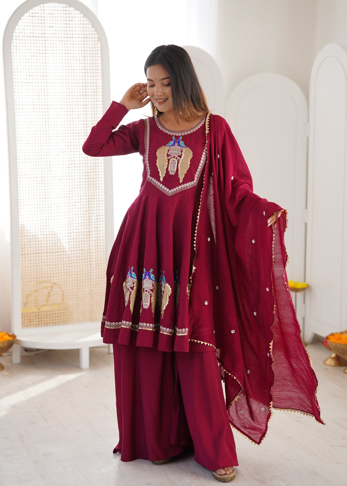 Designer Anarkali 3-Piece Set | Roman Silk | Embroidery & Sequence Work | Full Sleeves | Palazzo & Dupatta | Fully Stitched Ethnic Wear HE(AD)-916