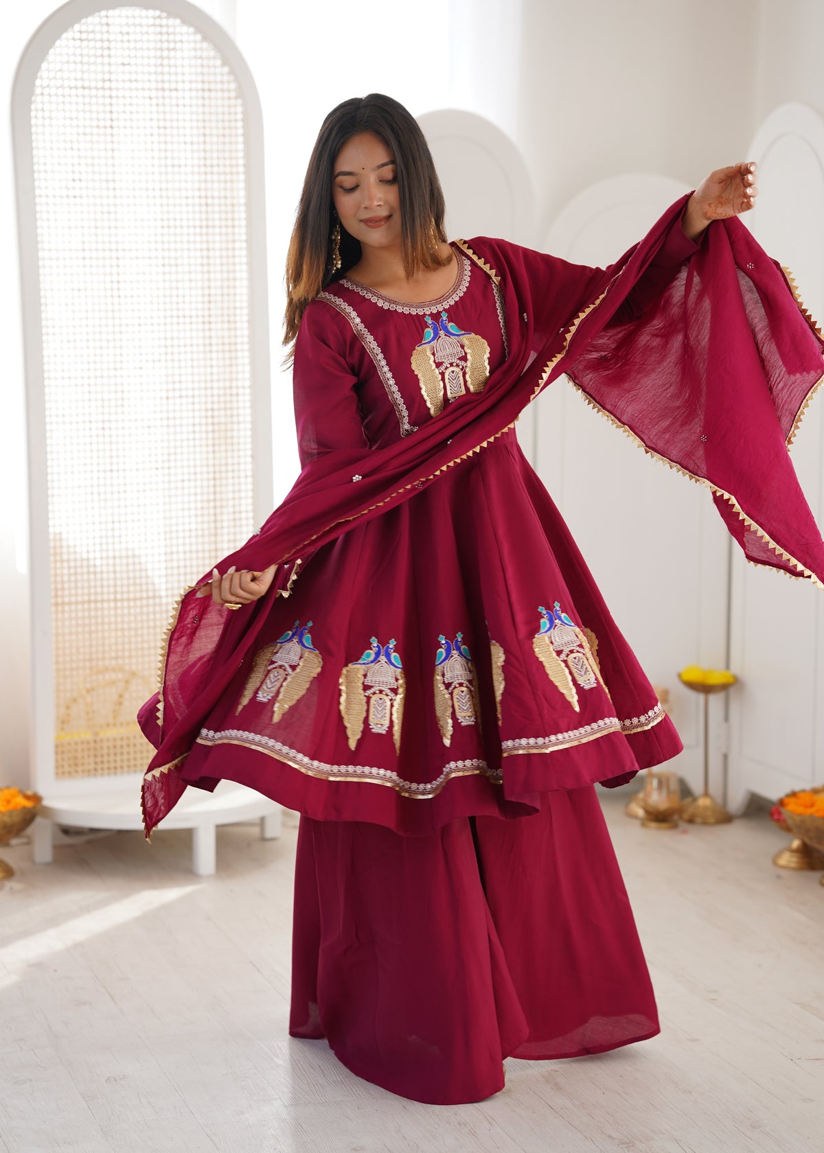 Designer Anarkali 3-Piece Set | Roman Silk | Embroidery & Sequence Work | Full Sleeves | Palazzo & Dupatta | Fully Stitched Ethnic Wear HE(AD)-916