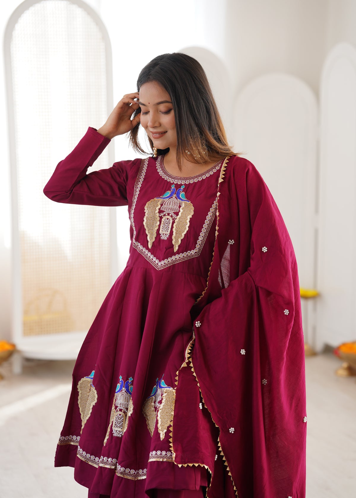 Designer Anarkali 3-Piece Set | Roman Silk | Embroidery & Sequence Work | Full Sleeves | Palazzo & Dupatta | Fully Stitched Ethnic Wear HE(AD)-916