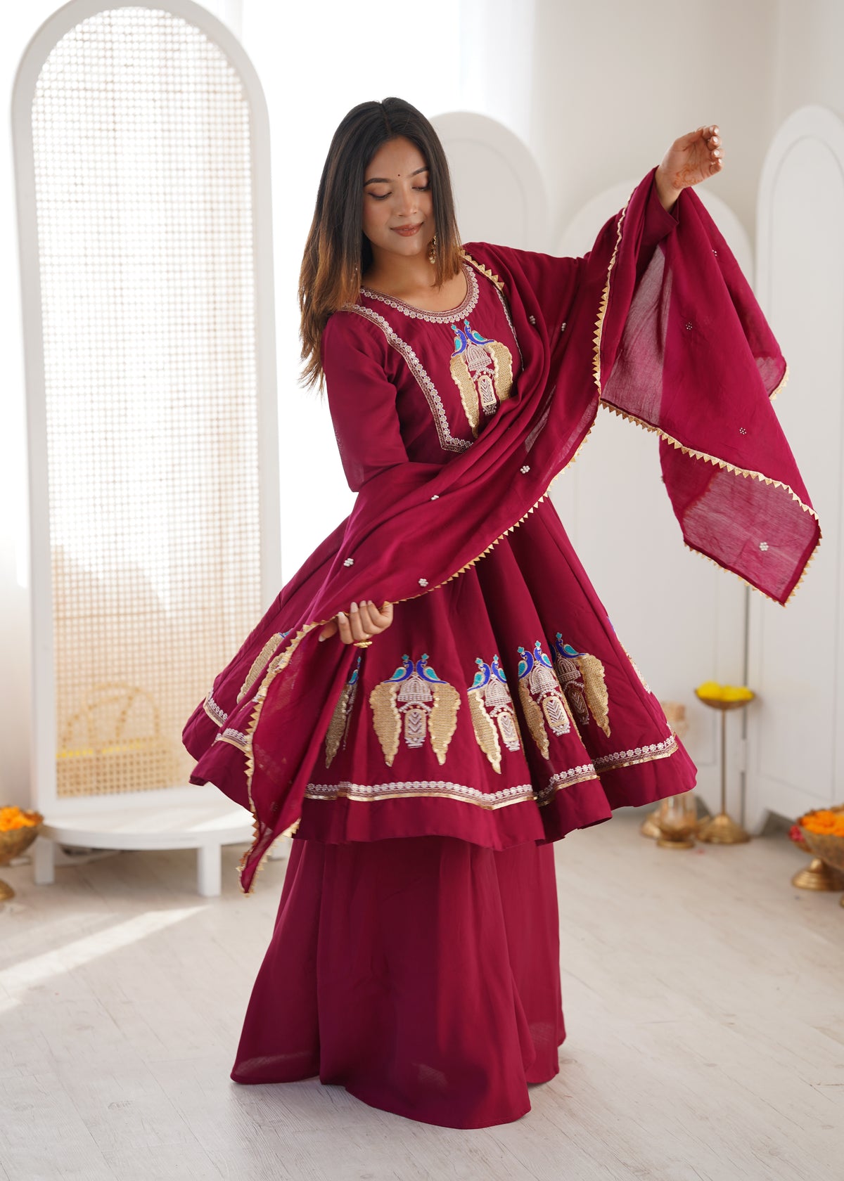 Designer Anarkali 3-Piece Set | Roman Silk | Embroidery & Sequence Work | Full Sleeves | Palazzo & Dupatta | Fully Stitched Ethnic Wear HE(AD)-916