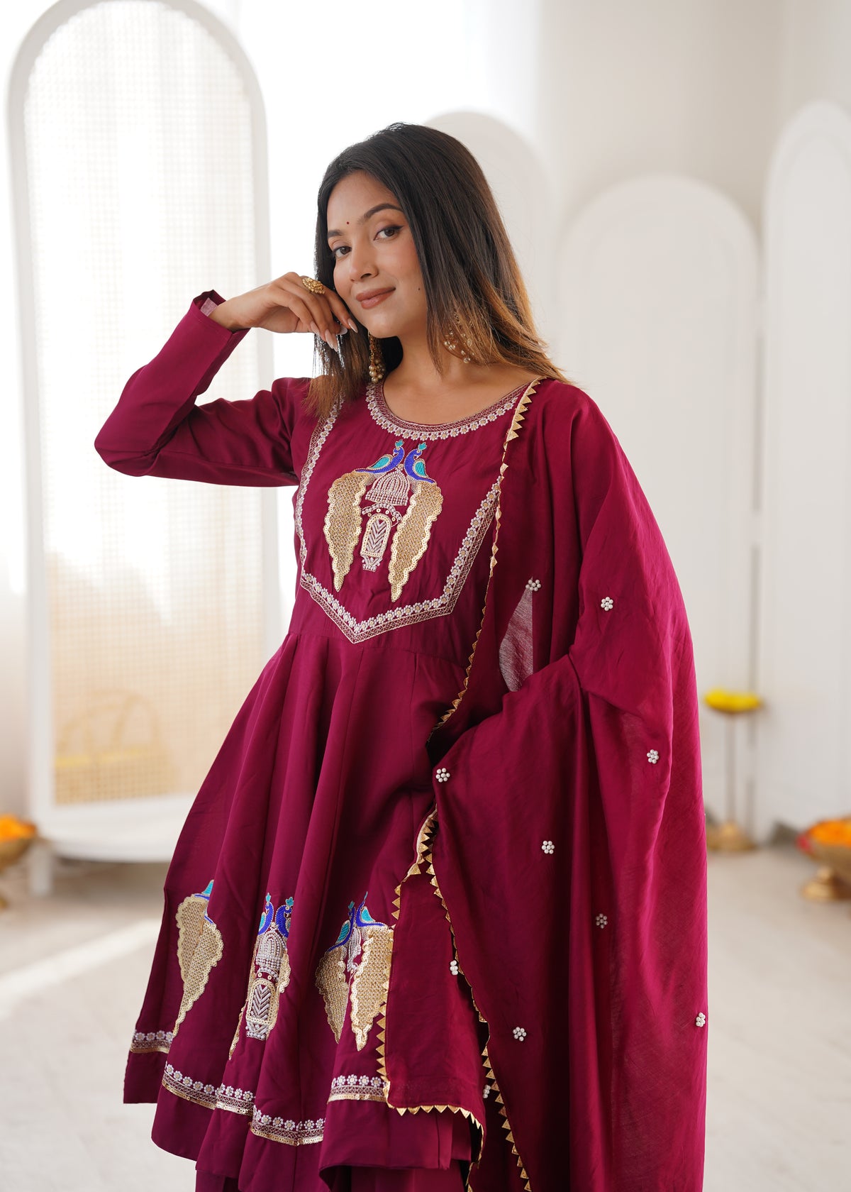 Designer Anarkali 3-Piece Set | Roman Silk | Embroidery & Sequence Work | Full Sleeves | Palazzo & Dupatta | Fully Stitched Ethnic Wear HE(AD)-916