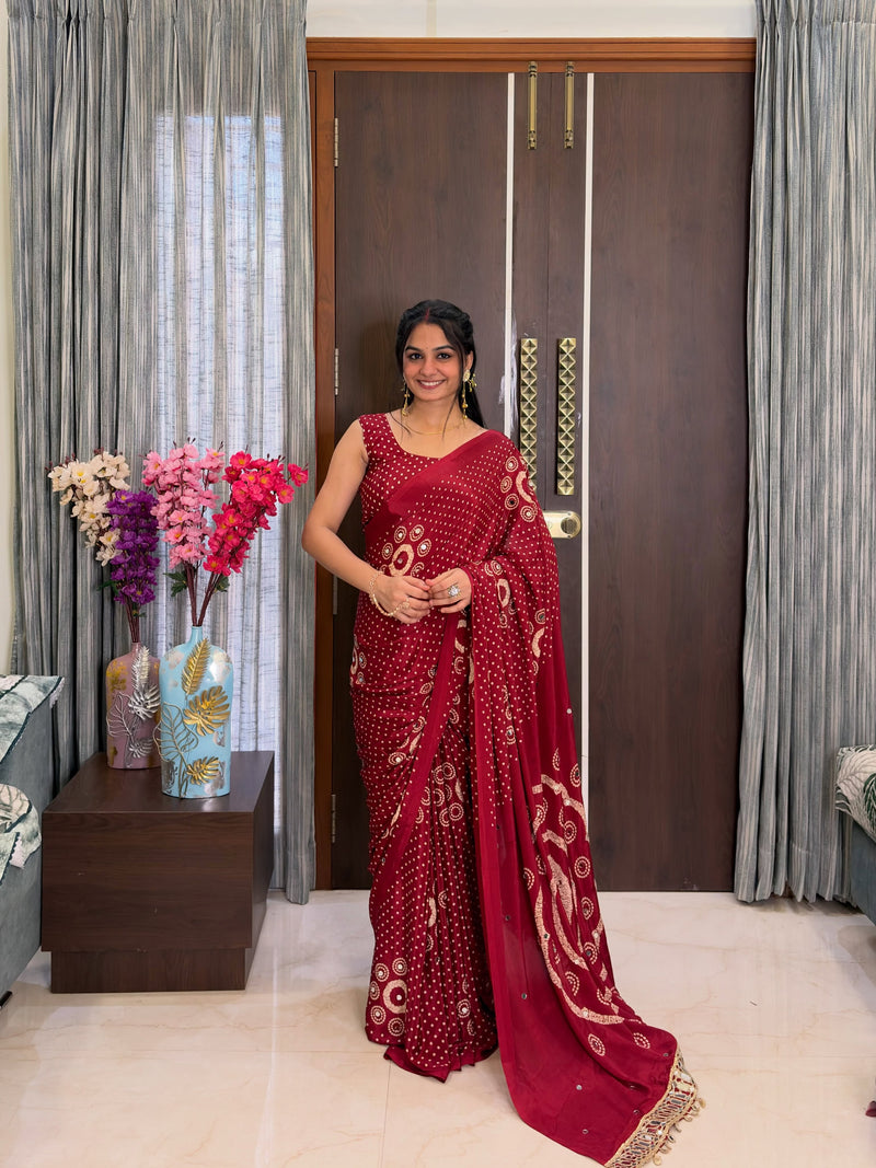 AJRAKH Pure Gajji Bandhej Saree with Super Mirror Work | Pure Gajji Soft Silk | Heavy Designer Saree with Blouse  HE-BUY-(W)-09