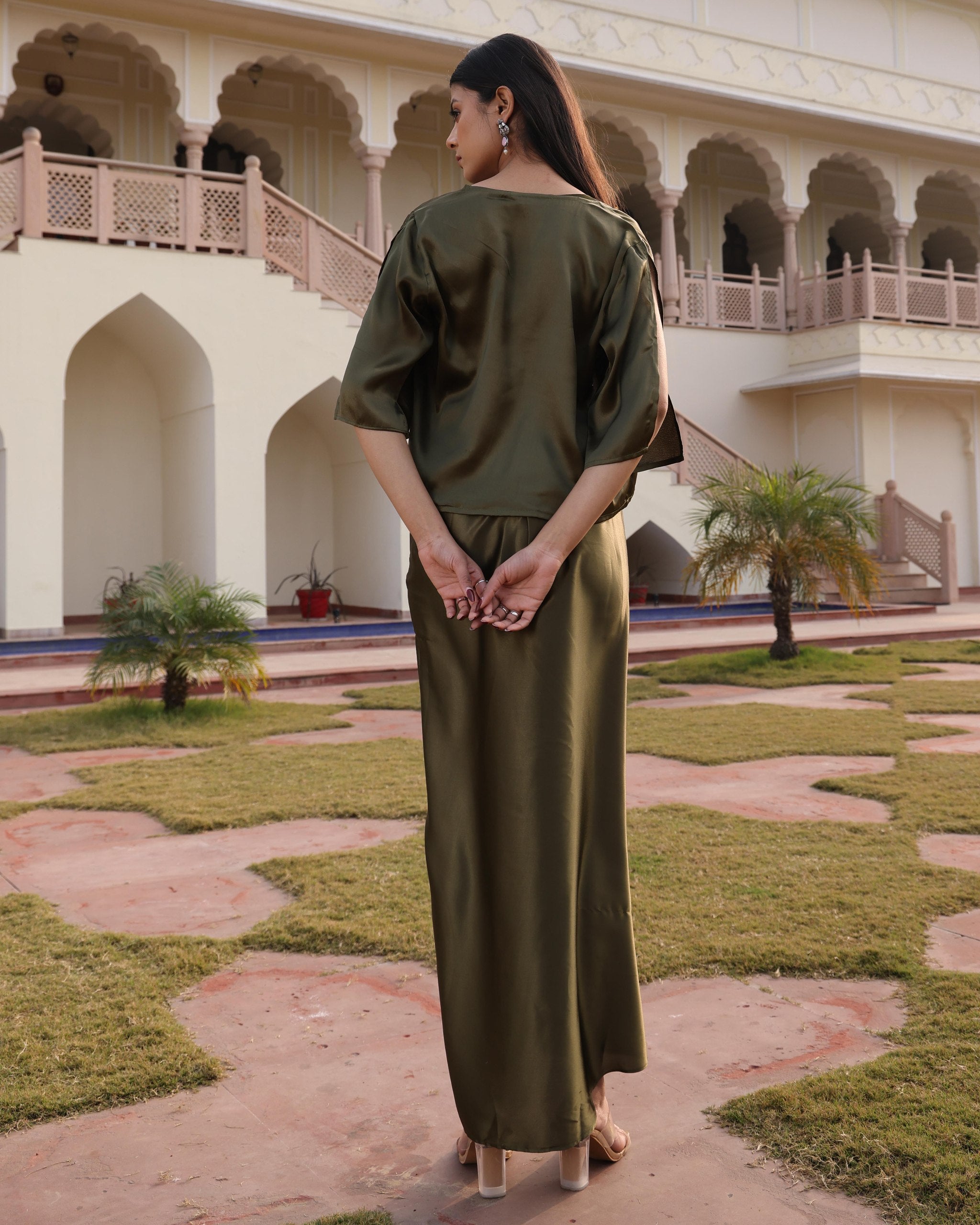 Premium Mehendi Satin Silk Indo-Western Drape Skirt Set with Embroidered Top and Shrug- Fully Stitched