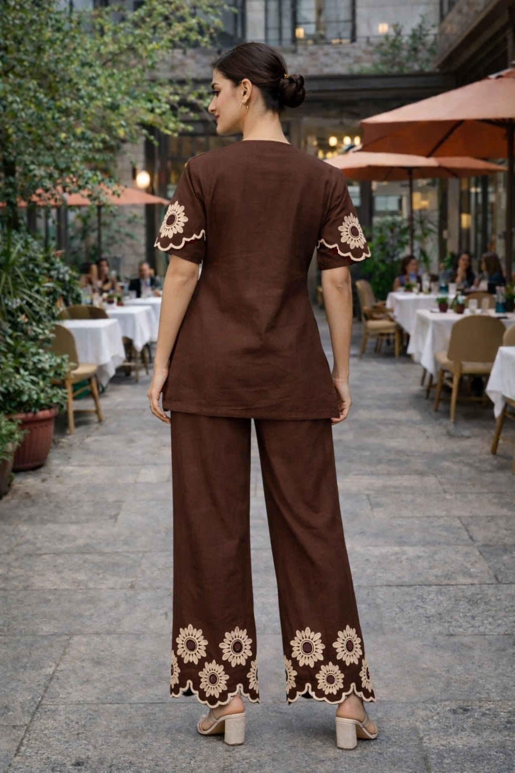 Women's Cotton Embroidered Chain Stitch Co-Ord Set with V-Neck Top and Pant - Fully Stitched