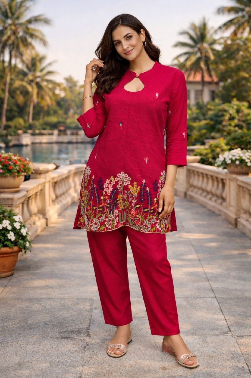 Women's Cotton Silk Embroidered Co-Ord Set with Round Neck Top and Pant - Fully Stitched