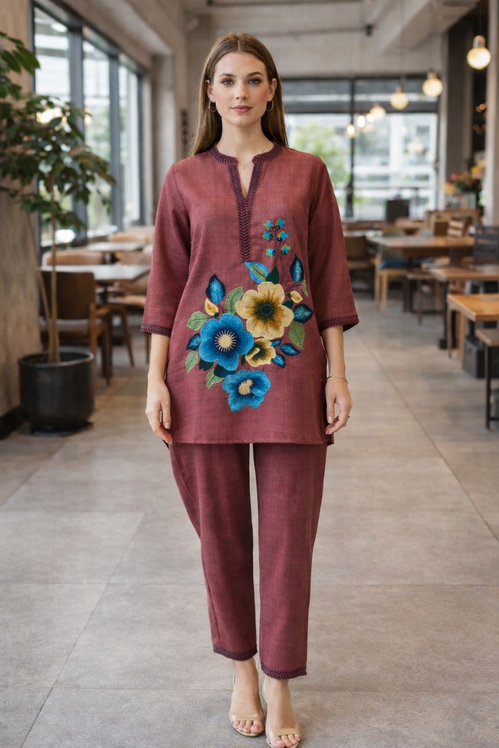 Women's Poly Linen Cotton Embroidered Co-Ord Set with Collar Neck Top and Pant - Fully Stitched