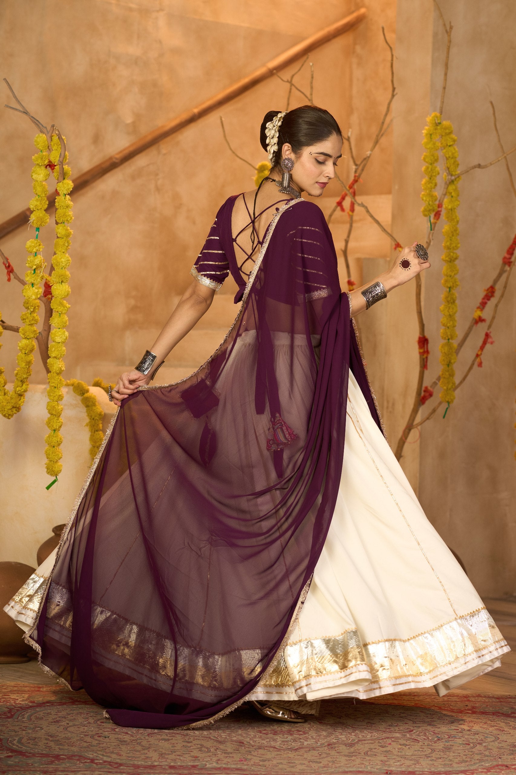 Navratri Special Off White Crepe Chaniya Choli with Gota Patti and Mirror Work