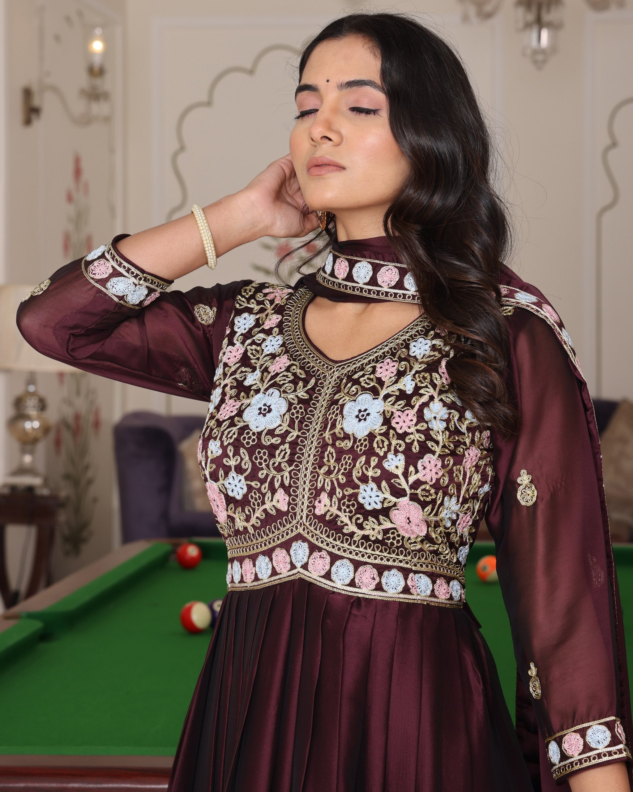Wedding Wear Coffee Rangoli Silk Anarkali Suit Set with Dupatta