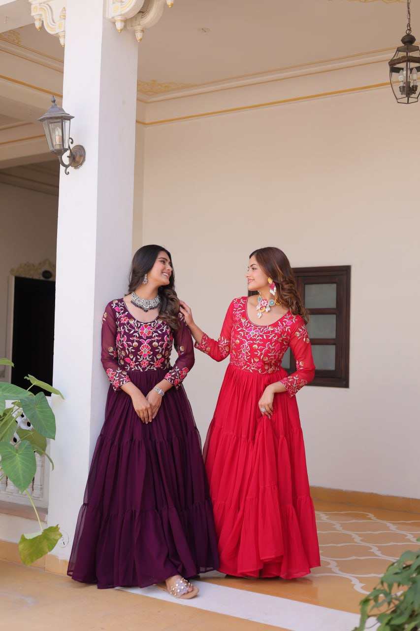 New Festival Collection Fox Georgette Long Gown with Heavy 3MM Sequence Thread Work - Fully Stitched