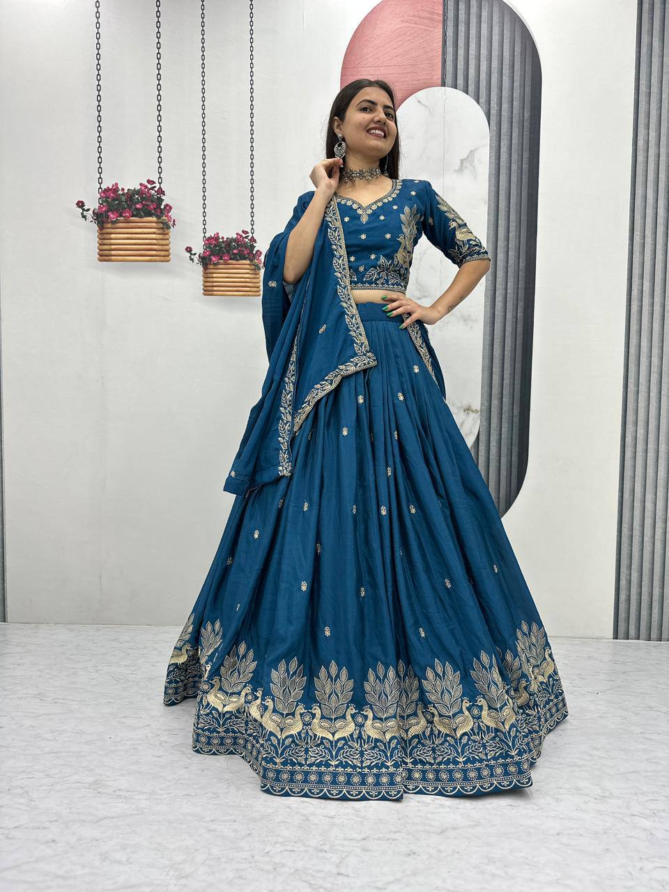 New Festival Chinon Lehenga Choli with Elegant Embroidered Dupatta - Fully Stitched