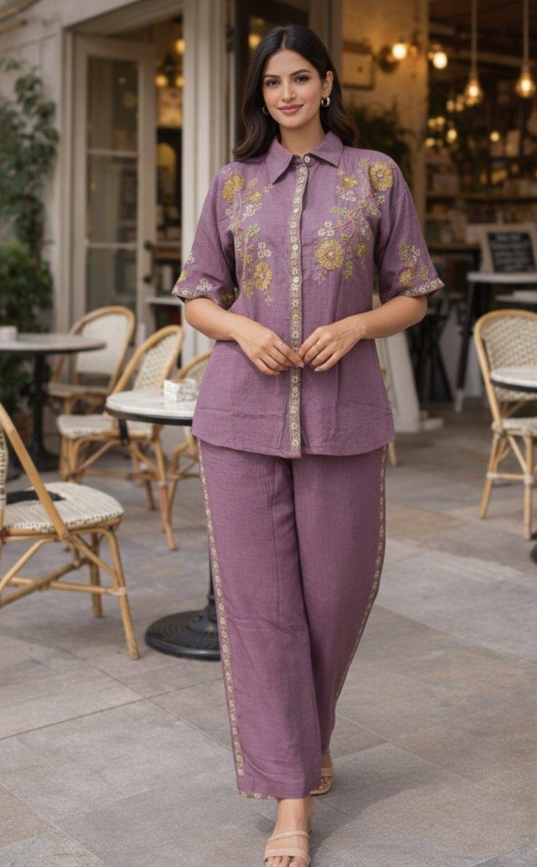 Women's Cotton Embroidered Co-Ord Set with Shirt Collar Top and Pant - Fully Stitched