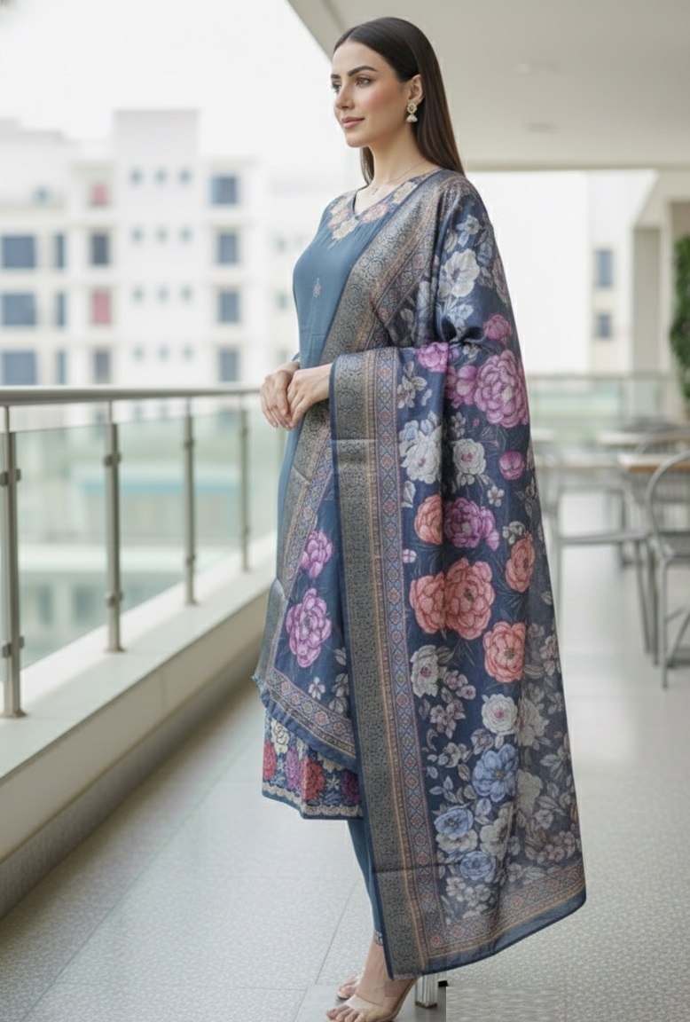 Designer Embroidered Kurta Pant Set with Printed Dupatta Perfect For Wedding Function