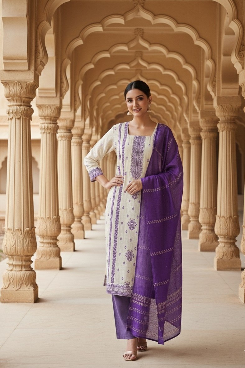 Designer Embroidered Kurta Pant Set with Printed Dupatta Perfect For Wedding Function