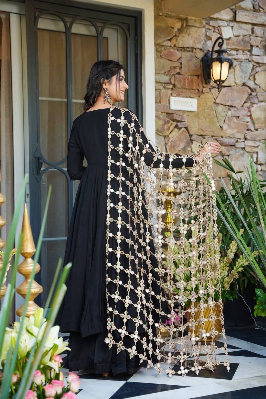 Premium Roman Silk Kurti Set for Women | Designer Handwork Kurti with Palazzo & Real Mirror Work Dupatta | Wedding, Festive & Party Wear Collection (K)1007
