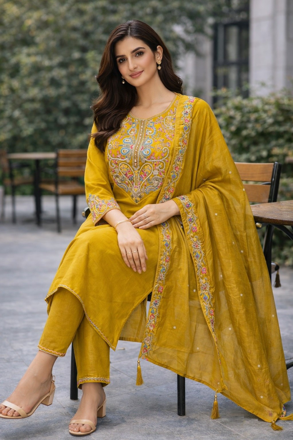 Designer Cotton Silk Embroidered Kurti Pant Set with Dupatta - Fully Stitched