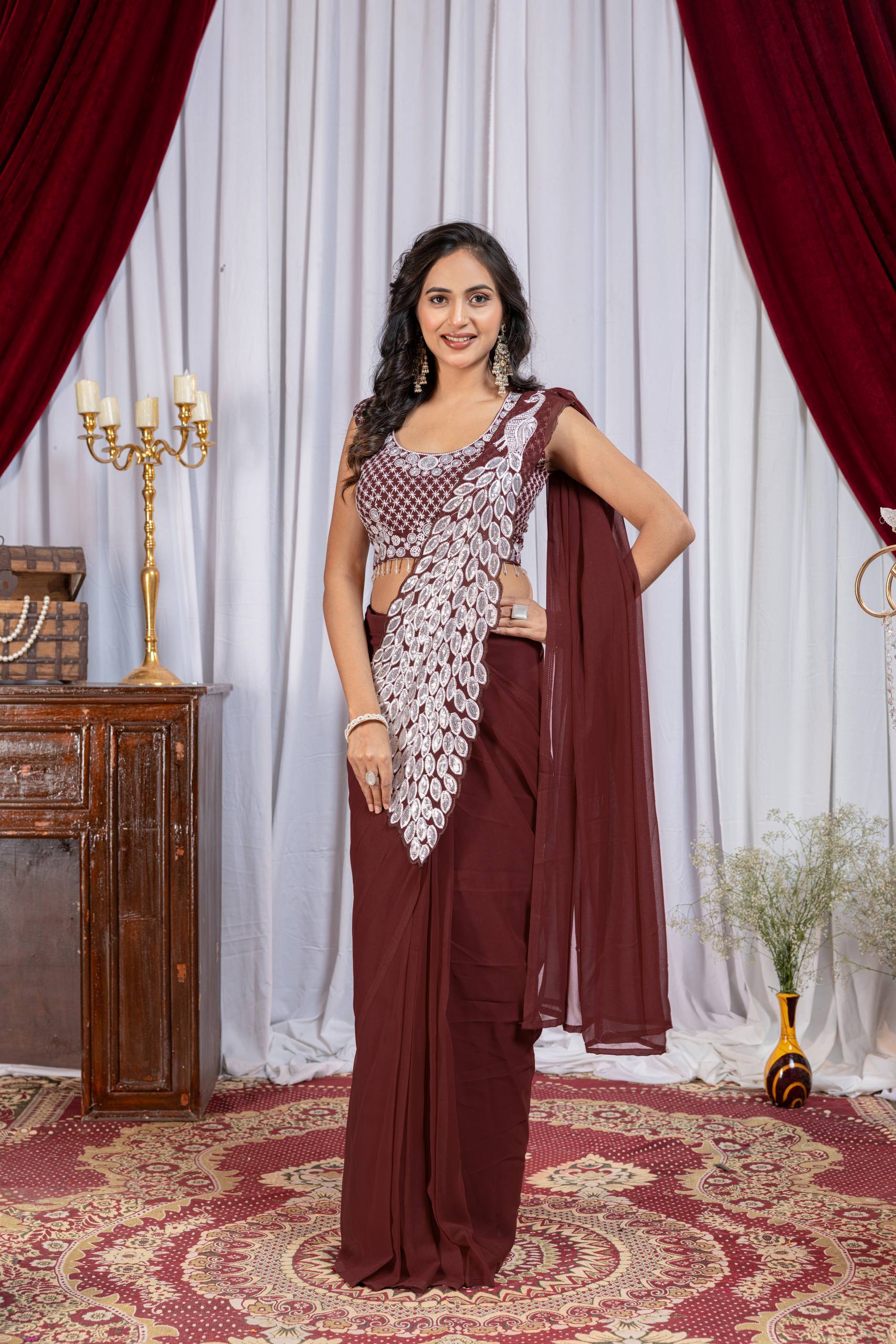 Superhit Trending Faux Georgette Ready to Wear Saree with Fully Embroidered Stylish Blouse - Fully Stitched