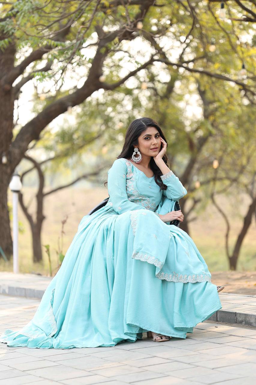 New Festival Collection Chinon Long Gown with Heavy Sequence and Thread Embroidery Dupatta- Fully Stitched