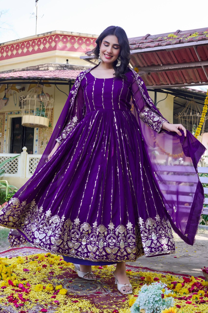Festival Collection Fox Georgette Long Gown with Heavy 5MM Sequence Embroidery Dupatta - Fully Stitched