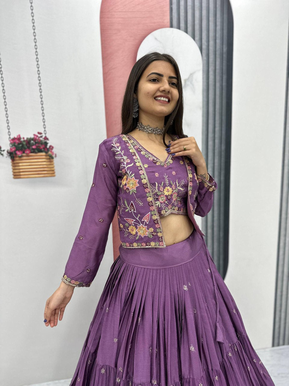 Festival Special Chinon Crop Top Lehenga with Embroidered Jacket - Fully Stitched