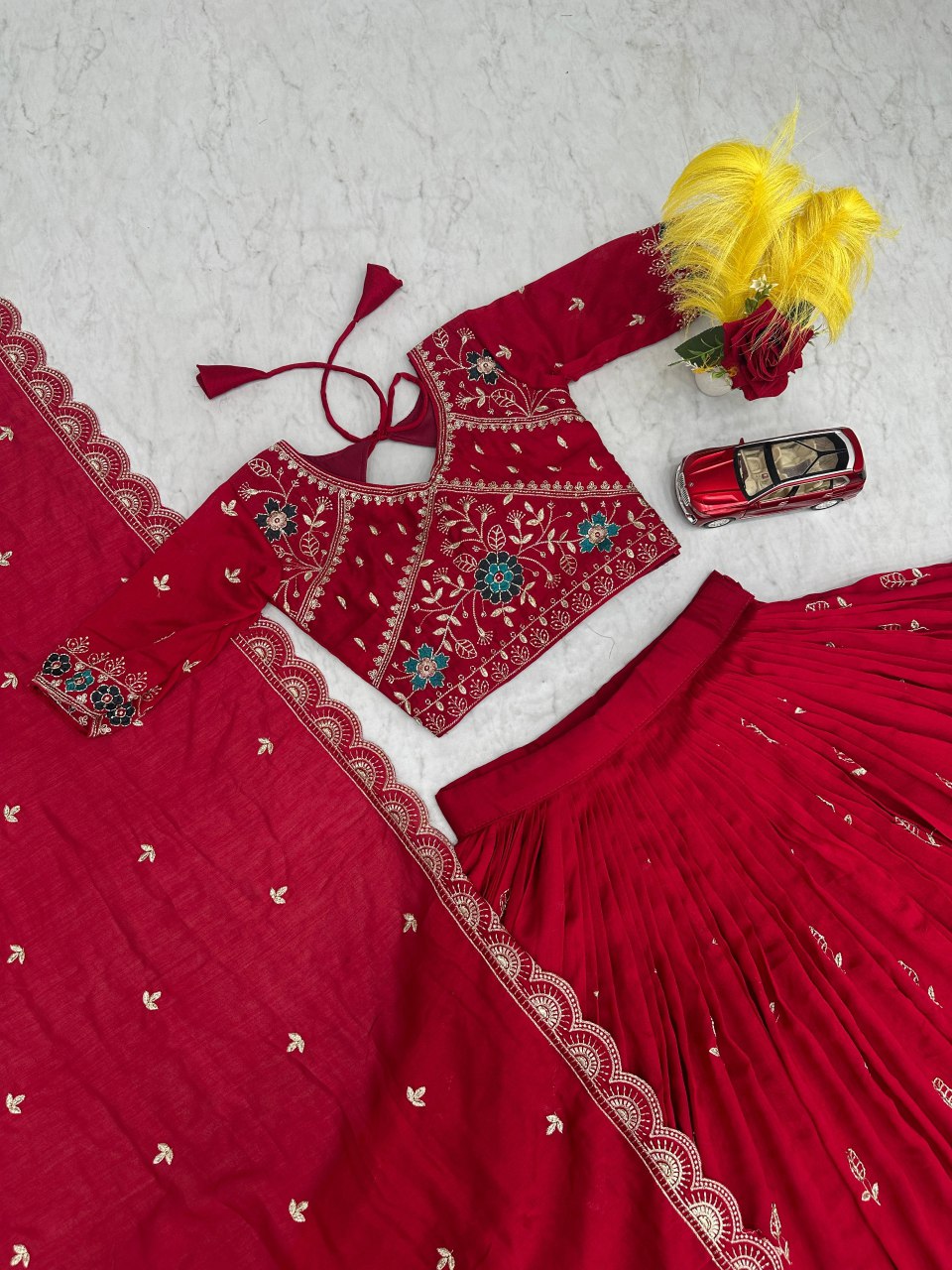 New Festival Pure Blooming Vichitra Silk Lehenga Choli with Heavy Embroidery Work - Fully Stitched