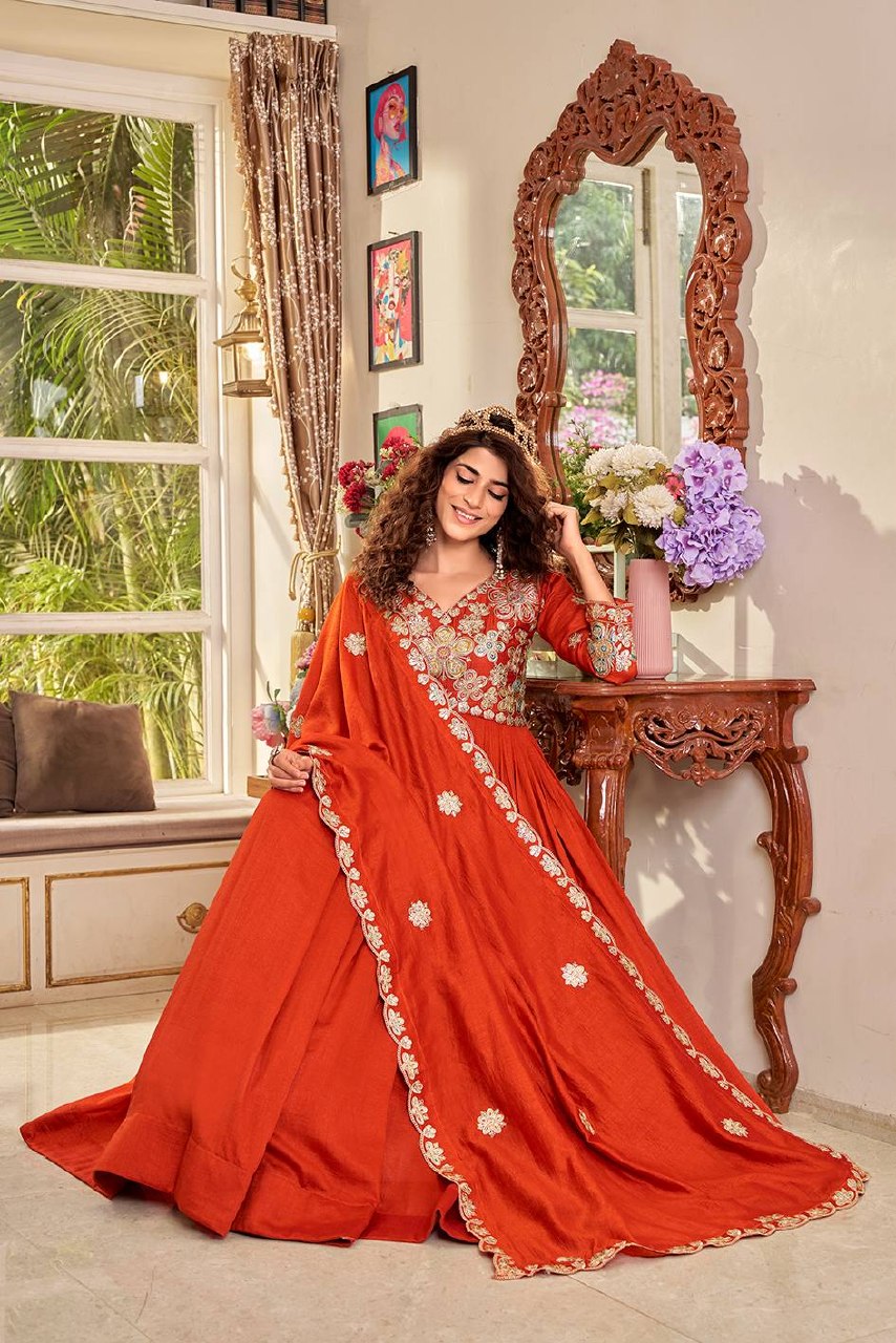 Festival Collection Vichitra Long Gown with Heavy Cording Sequence Embroidery Dupatta - Fully Stitched