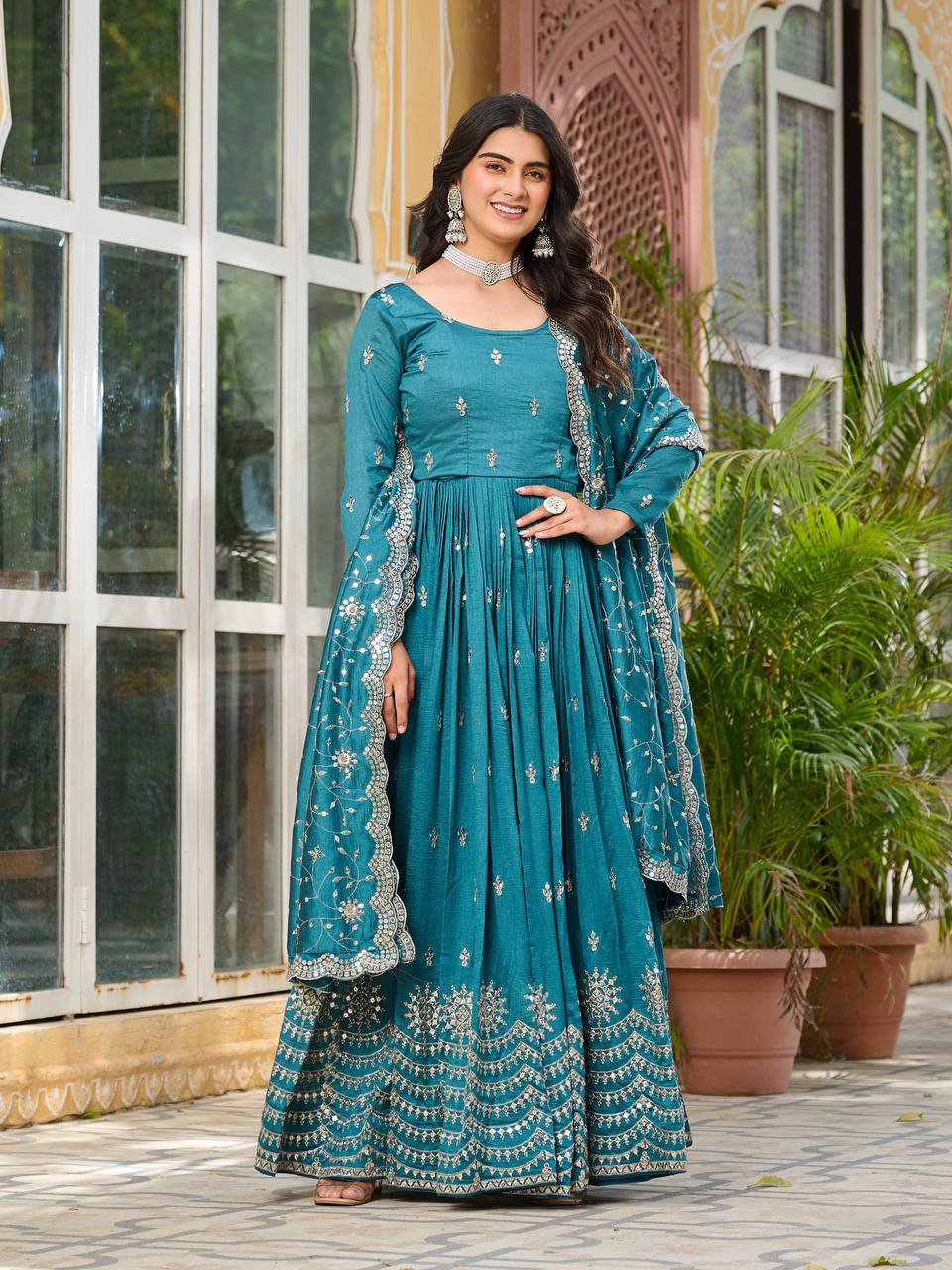 New Festival Collection Vichitra Silk Long Gown with Heavy Sequence Embroidery Dupatta - Fully Stitched