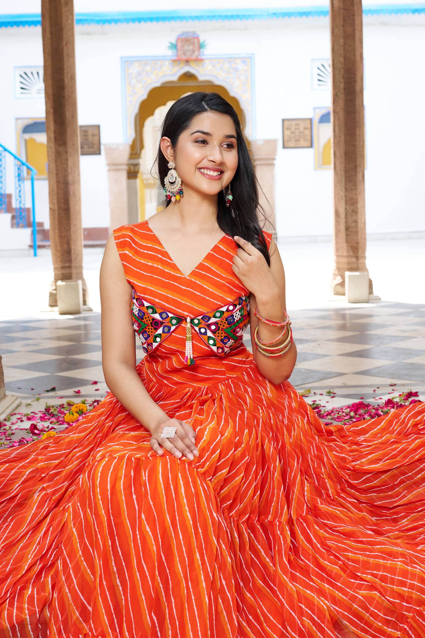 Navratri Special Bandhani Print Georgette Gown with Gamathi Work and Real Mirror - Fully Stitched