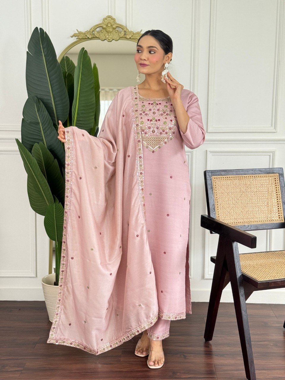 Stylish PV Chanderi Embroidered Kurta Pant Set with Silk Dupatta for Party Wear - Fully Stitched
