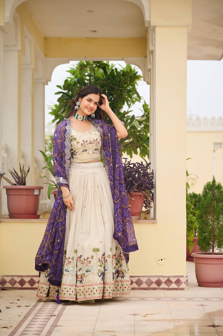 Festival Collection Tissue Silk Lehenga Choli with Bandhej Georgette Dupatta - Fully Stitched