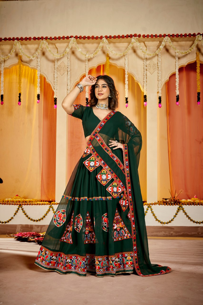 Navratri Special Green Georgette Chaniya Choli with Traditional Kutchi Mirror Work